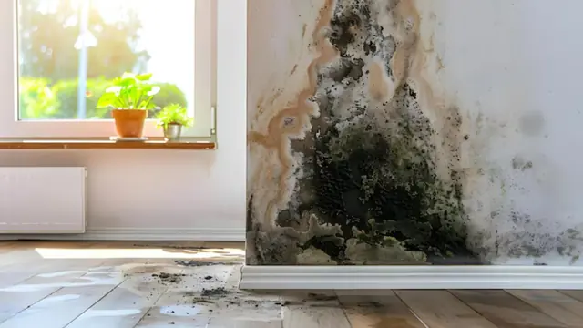 Mold staining on a wall corner beside a window
