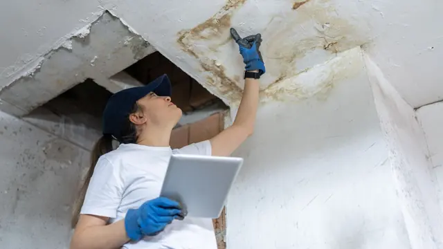 Inspector with a tablet checking a stained ceiling