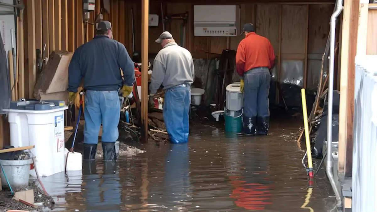 Crew pumping out a flooded lower level